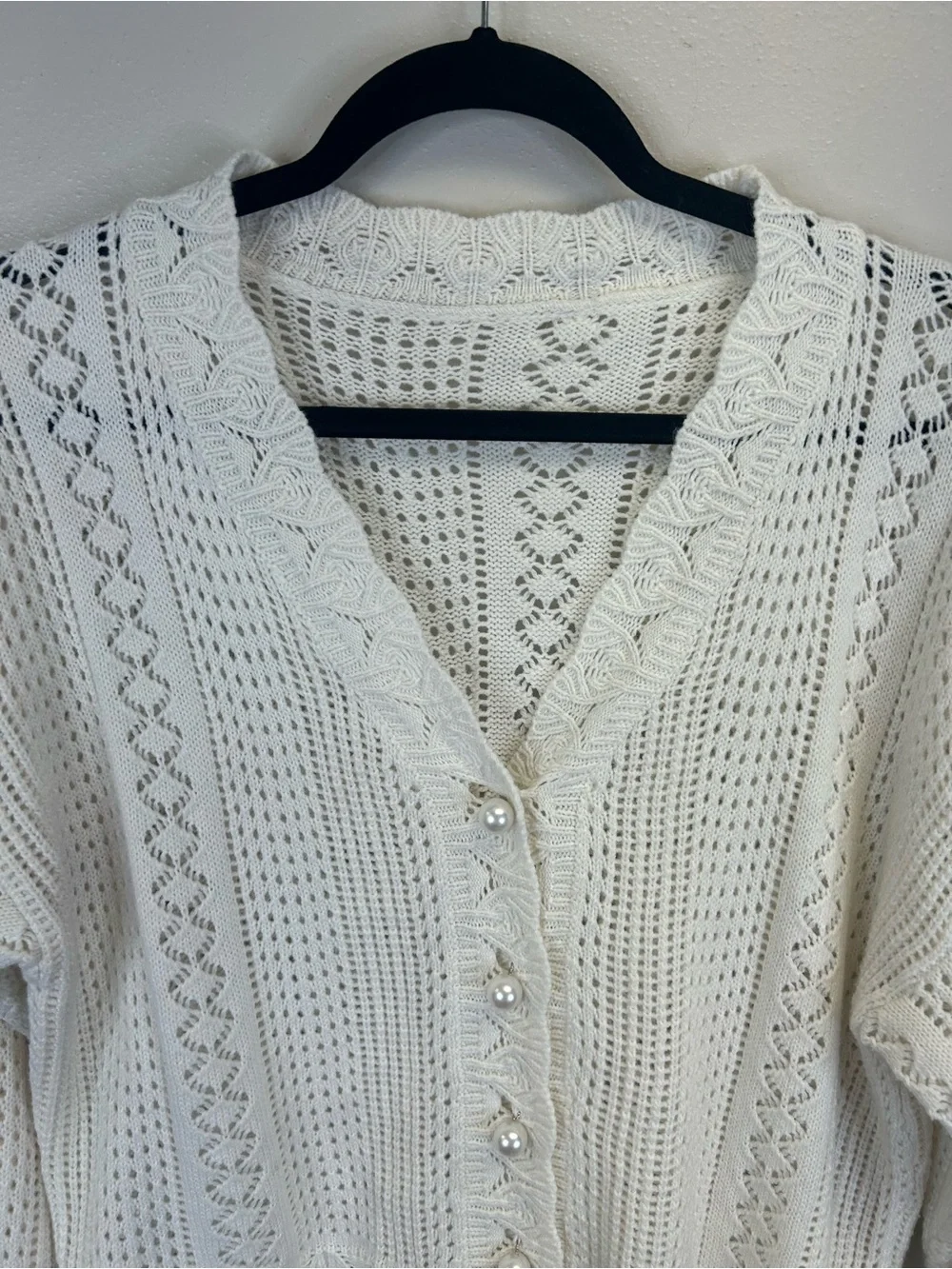 Cottagecore Feminine Size L Open Knit V-Neck Cardigan Sweater Pearl Buttons Boho - Picture 4 of 10